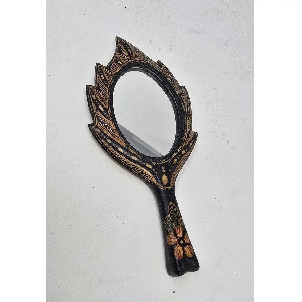 Vtg handheld mirror carved wood Asia Africa tribal earthy boho‎ hippie folk art